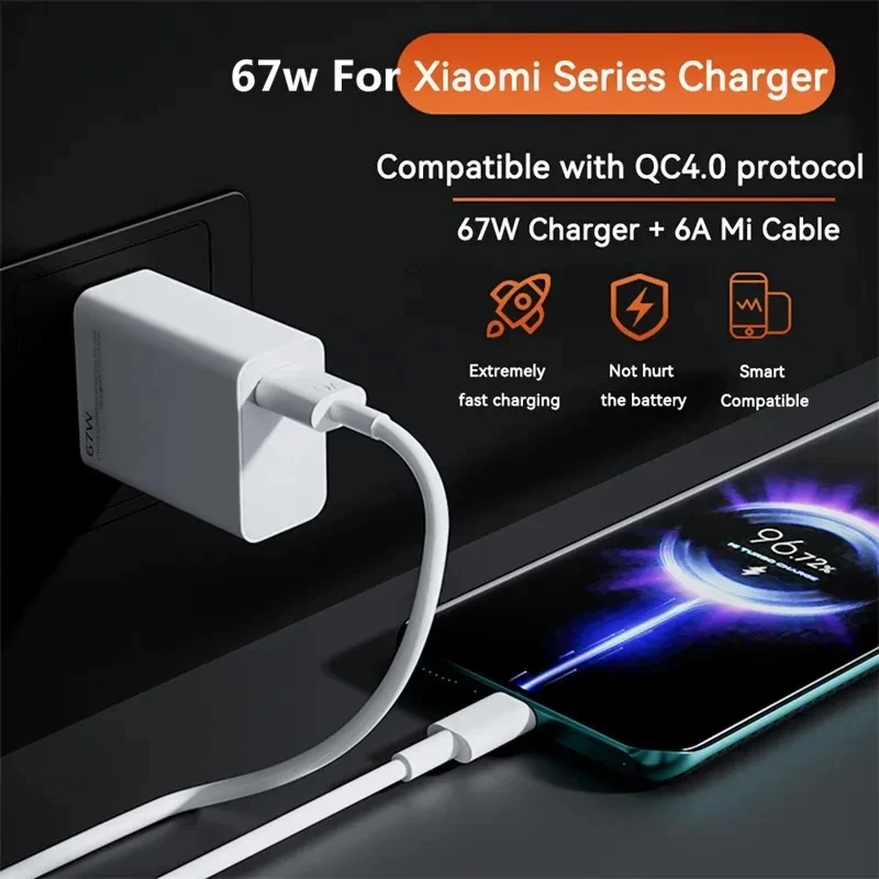 6A 67W Fast Wall Charger For Xiaomi 10 11 12 Lite 13 14 15 Redmi Note 11T 12T 13 Pro POCO Turbo Charge Type-C USB Charging Cable thumbnail 5