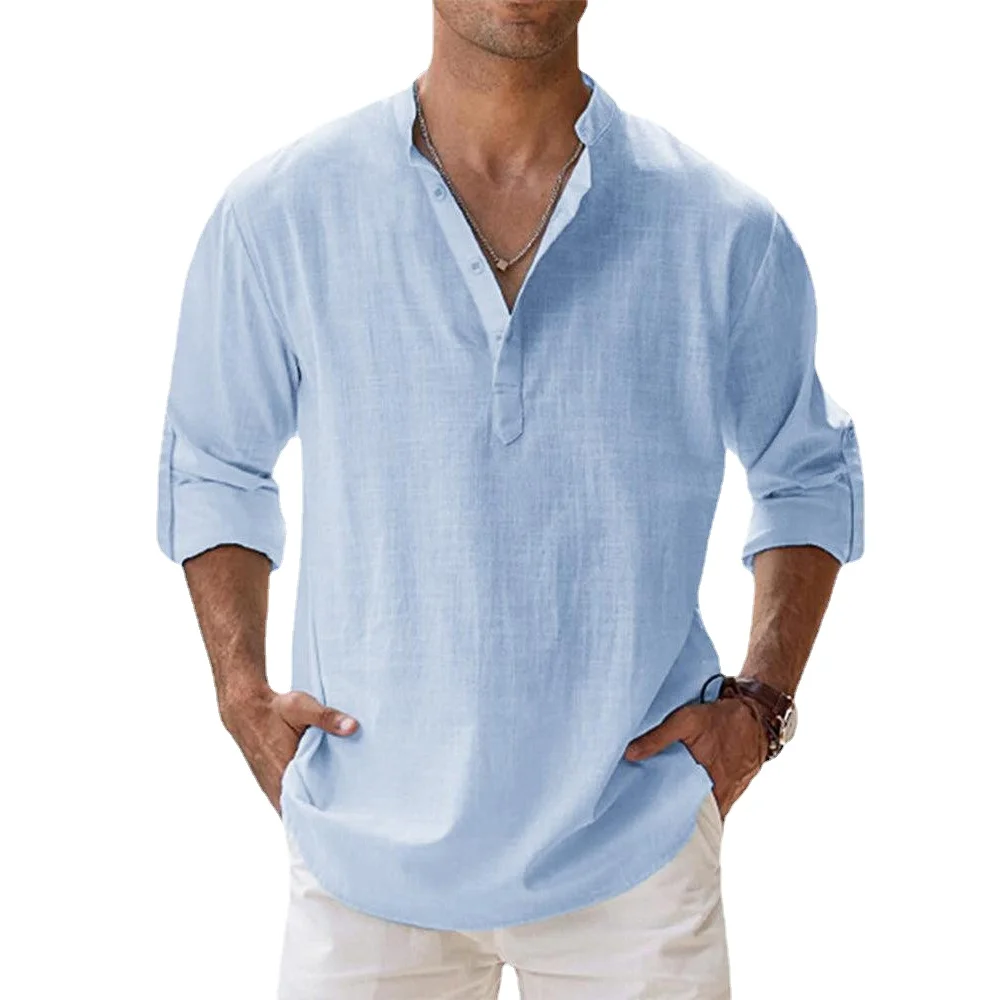 New Cotton Linen Shirts for Men Casual Shirts Lightweight Long Sleeve Henley Beach Shirts Hawaiian T Shirts for Men Streetwear thumbnail 3