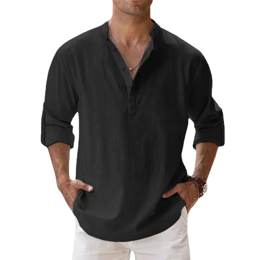 New Cotton Linen Shirts for Men Casual Shirts Lightweight Long Sleeve Henley Beach Shirts Hawaiian T Shirts for Men Streetwear thumbnail 2