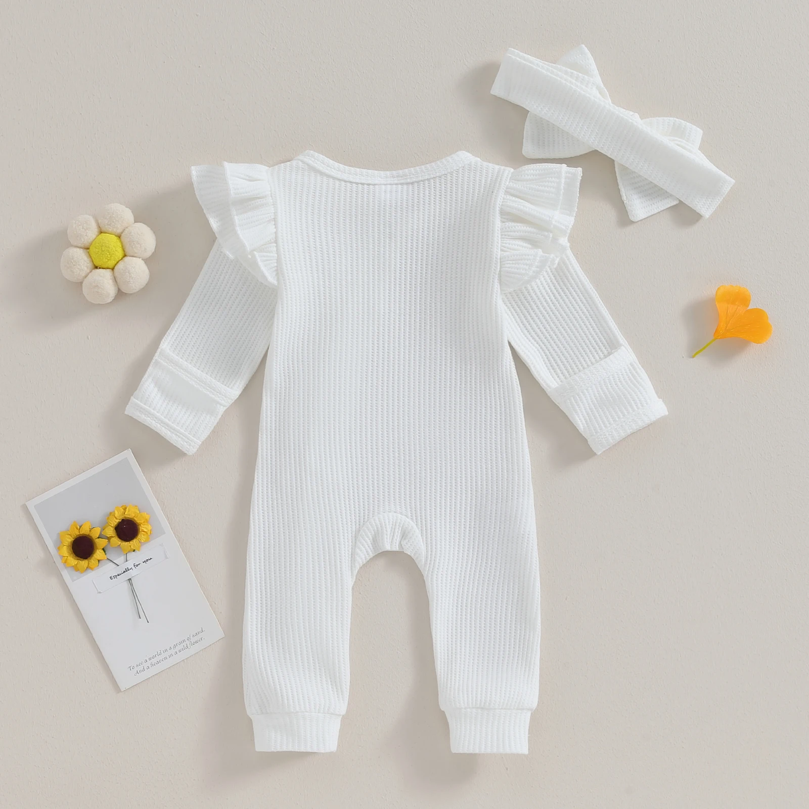 Pudcoco Infant Baby Girl Autumn Jumpsuit Solid Color Round Neck Flying Sleeve Ruffled Zipper Romper with Bow Headband 0-12M thumbnail 3