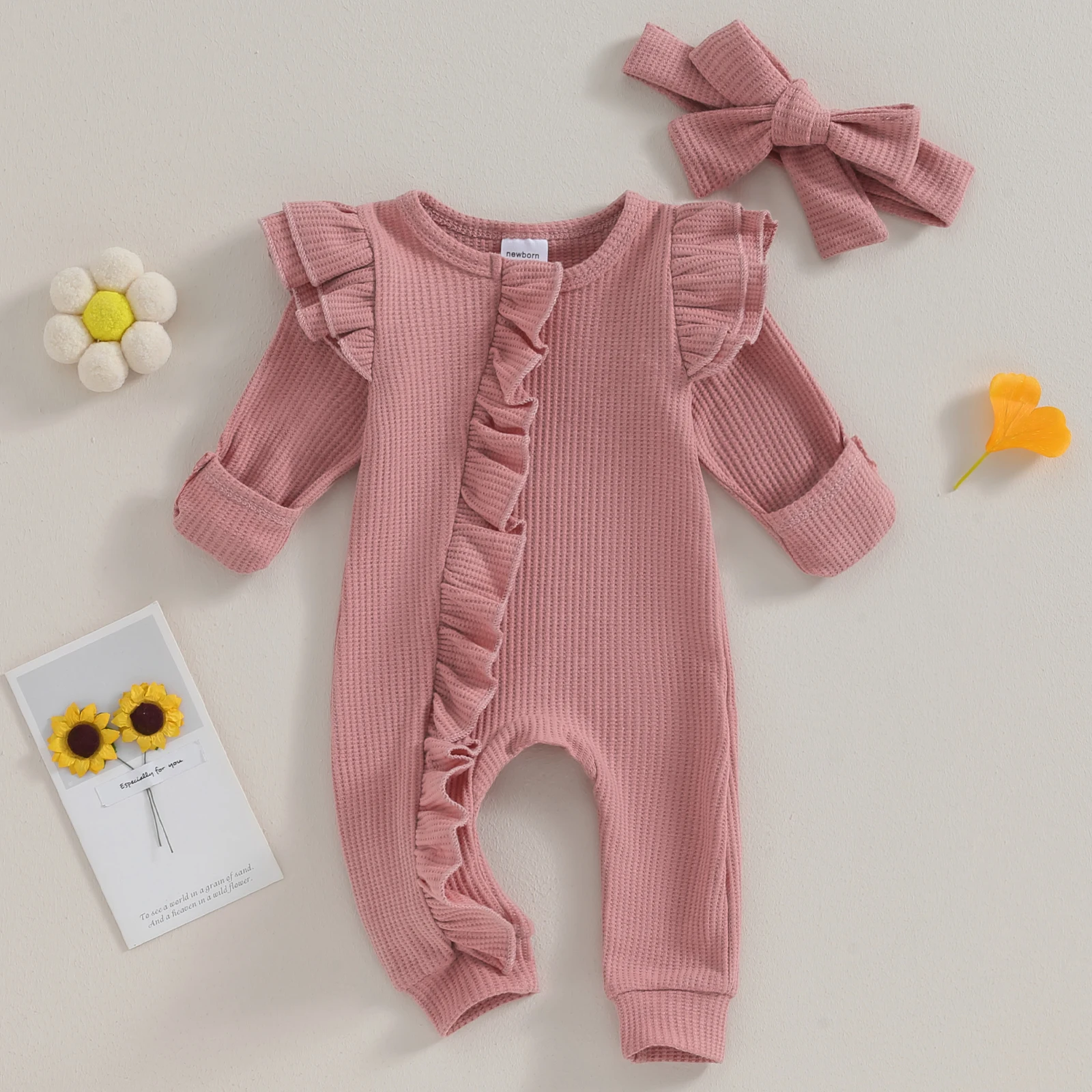 Pudcoco Infant Baby Girl Autumn Jumpsuit Solid Color Round Neck Flying Sleeve Ruffled Zipper Romper with Bow Headband 0-12M thumbnail 4