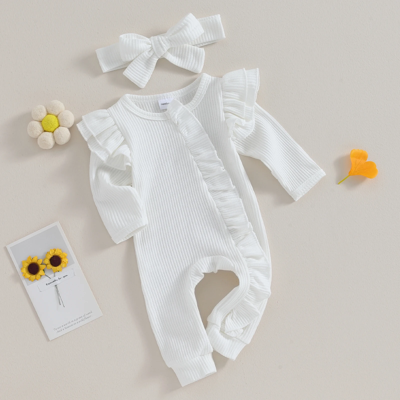 Pudcoco Infant Baby Girl Autumn Jumpsuit Solid Color Round Neck Flying Sleeve Ruffled Zipper Romper with Bow Headband 0-12M thumbnail 2