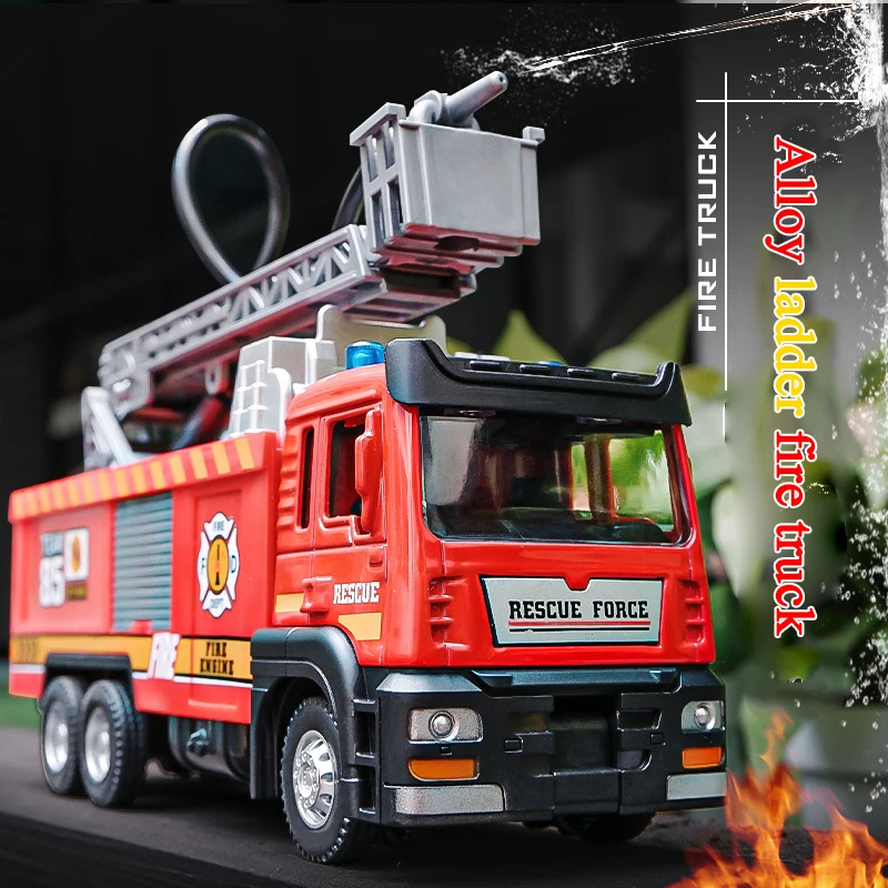 1/50 RC Sprinkler Fire Truck Diecast Alloy Toy With Light Music Water Simulation Spray Ladder Rescue Car Kids Toy Christmas Gift thumbnail 2