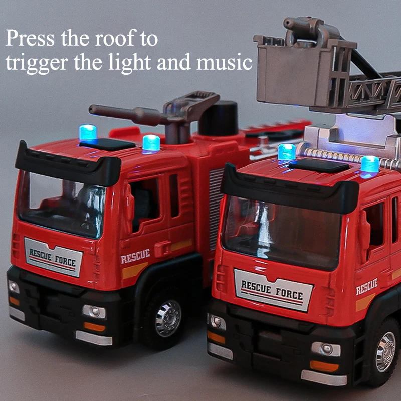 1/50 RC Sprinkler Fire Truck Diecast Alloy Toy With Light Music Water Simulation Spray Ladder Rescue Car Kids Toy Christmas Gift thumbnail 3