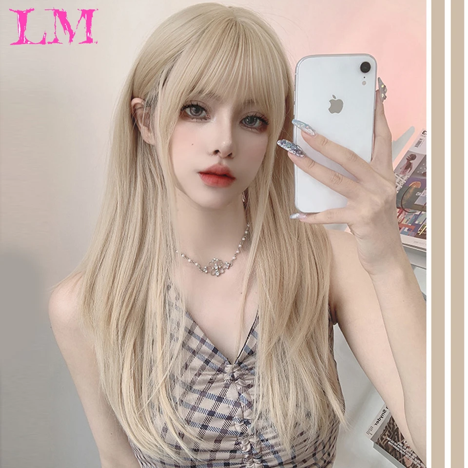 LM Light Blonde Wave Hair Wig Synthetic Long Wavy Wigs with Bangs for Women Cosplay Natural High Temperature Fiber thumbnail 5