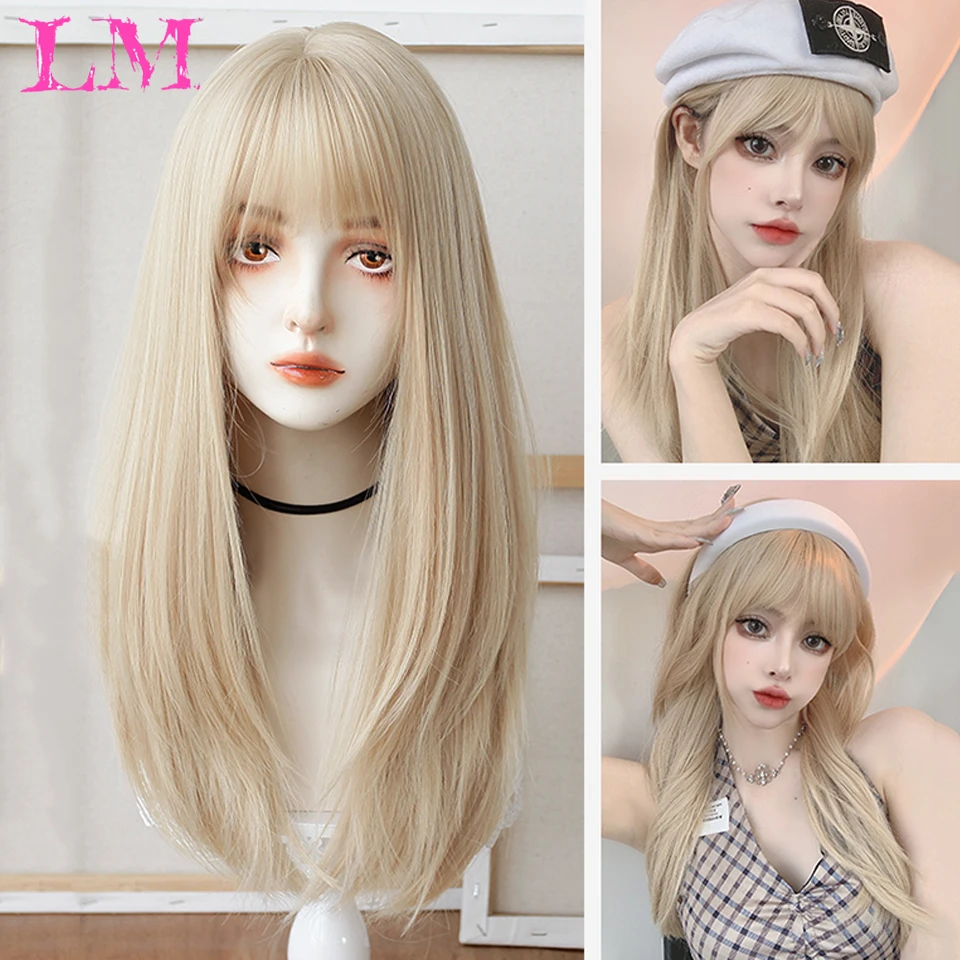 LM Light Blonde Wave Hair Wig Synthetic Long Wavy Wigs with Bangs for Women Cosplay Natural High Temperature Fiber thumbnail 2