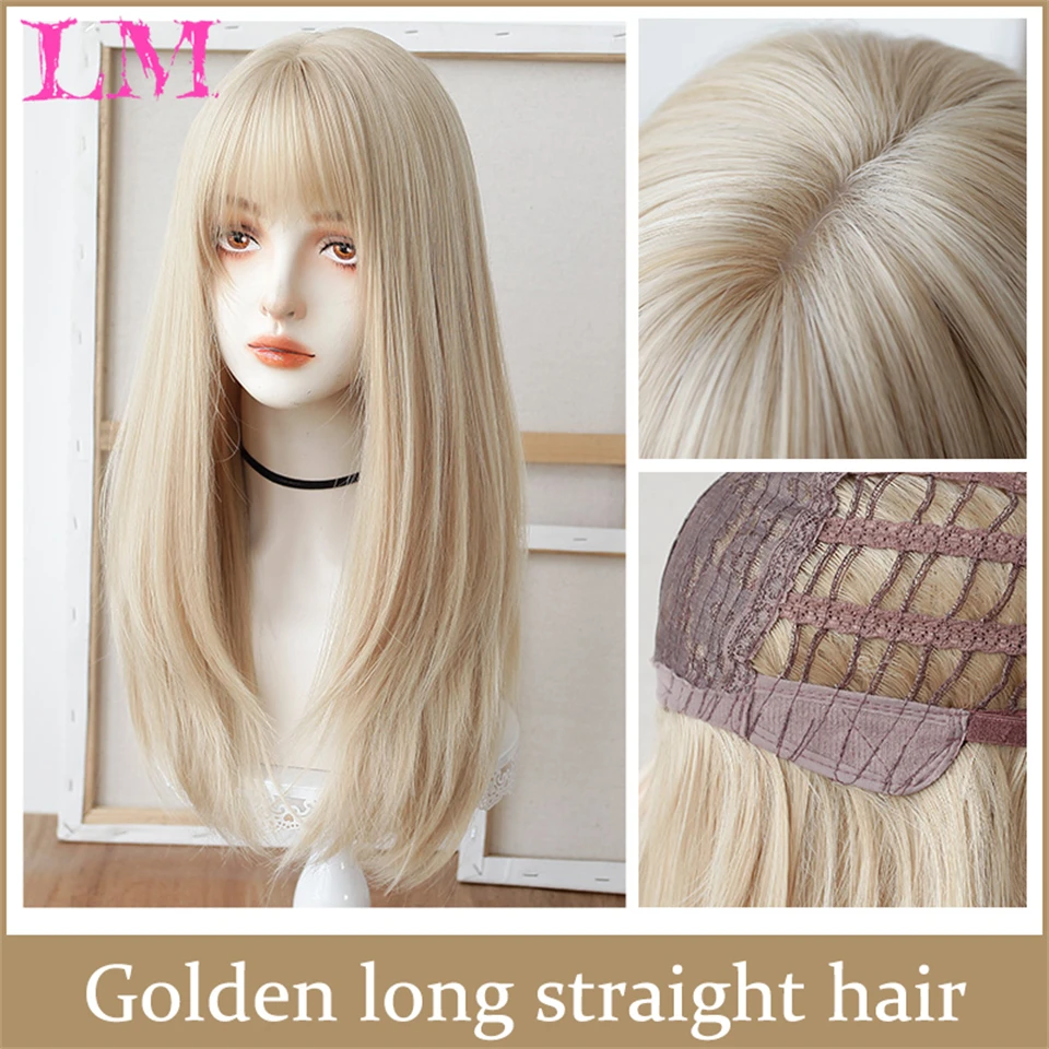 LM Light Blonde Wave Hair Wig Synthetic Long Wavy Wigs with Bangs for Women Cosplay Natural High Temperature Fiber thumbnail 3