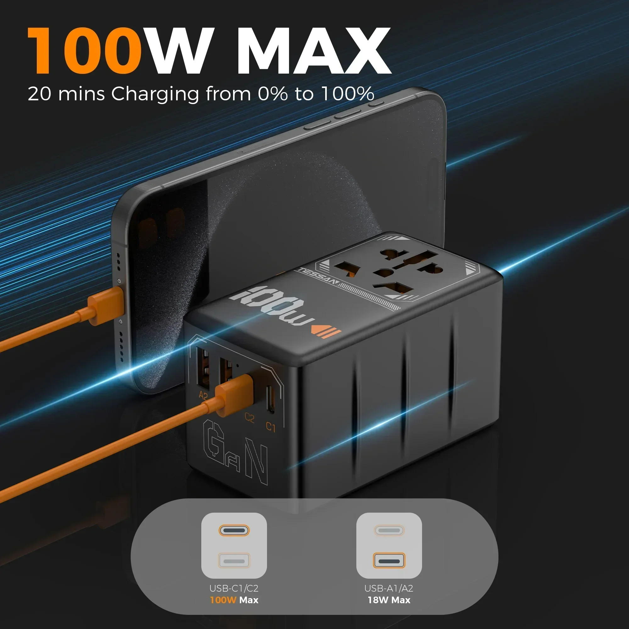 TESSAN 100W GaN Universal Travel Adapter with USB &Type C Fast Charging International Plug Adapter EU/UK/USA/AUS Plug for Travel thumbnail 3