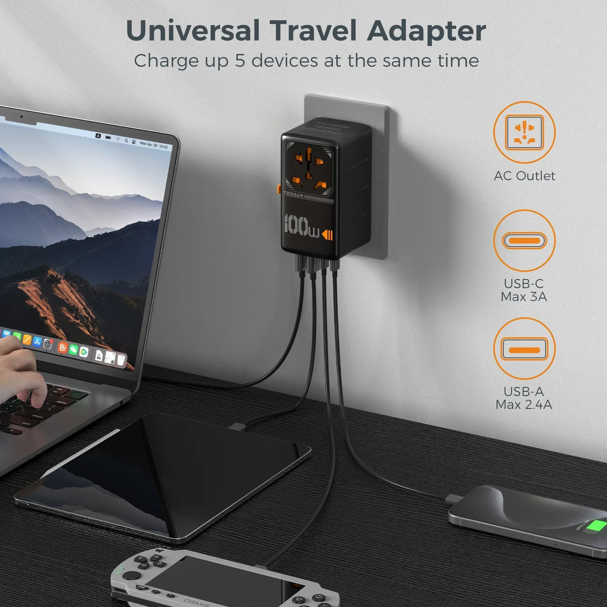 TESSAN 100W GaN Universal Travel Adapter with USB &Type C Fast Charging International Plug Adapter EU/UK/USA/AUS Plug for Travel thumbnail 4