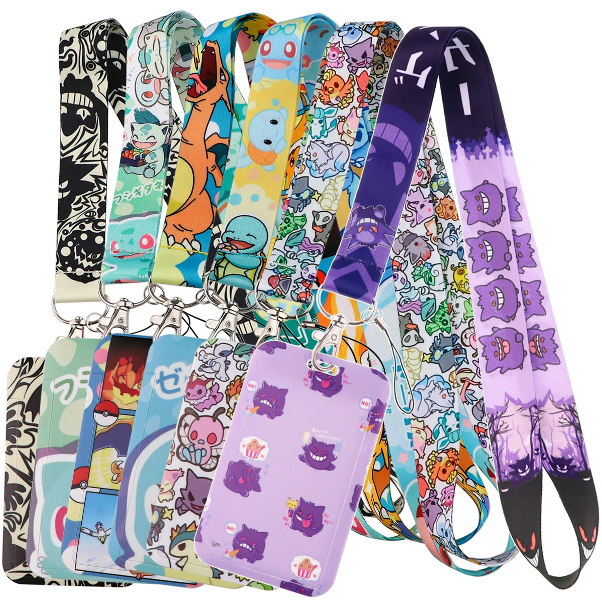 Anime Characters Card Holder Cute Gengar Lanyard Keychain ID Credit Bus Card Cover Hang Rope Lariat Lanyard Key Rings Fans Gifts