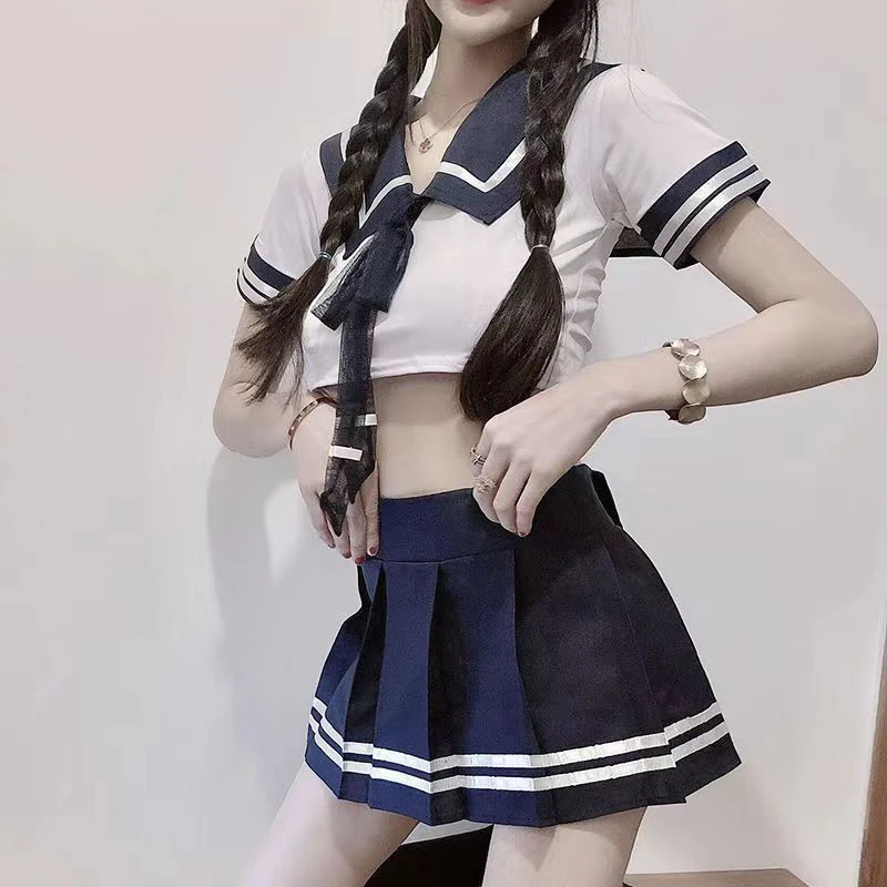Sexy Role Play Nightgown Set Women's 2 Piece Pajamas Girls Clothing Student Uniform Set Plus Size Short Top Crotchless Dresses thumbnail 3