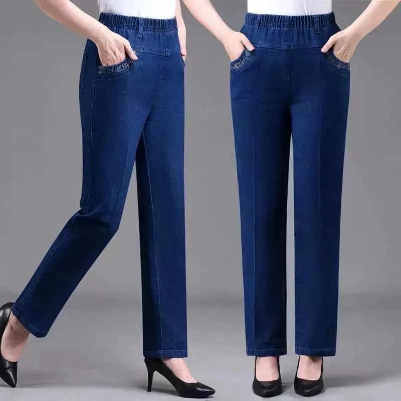 Middle aged elderly Women's Jeans Embroidered Pockets Elastic waist Mom Pants Casual Denim Straight leg Trousers 2025 New Spring