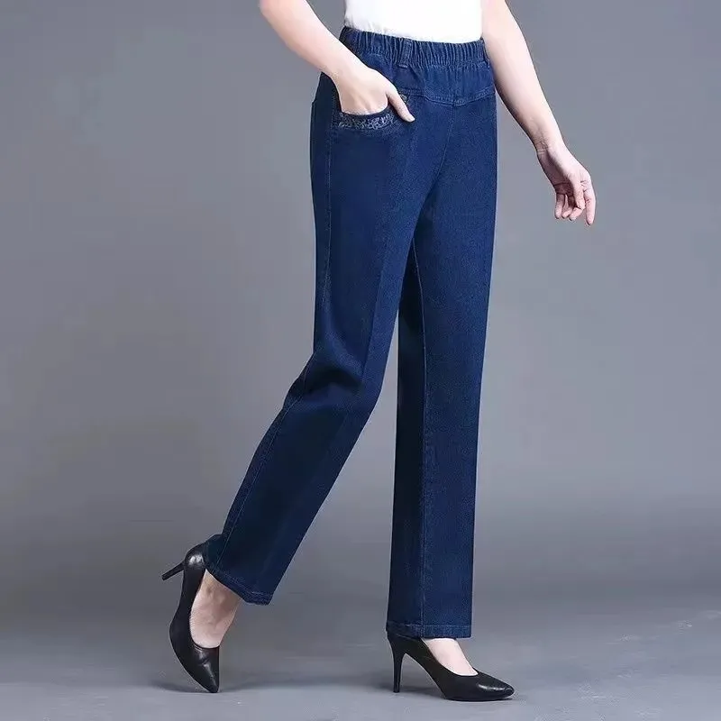 Middle aged elderly Women's Jeans Embroidered Pockets Elastic waist Mom Pants Casual Denim Straight leg Trousers 2025 New Spring thumbnail 2