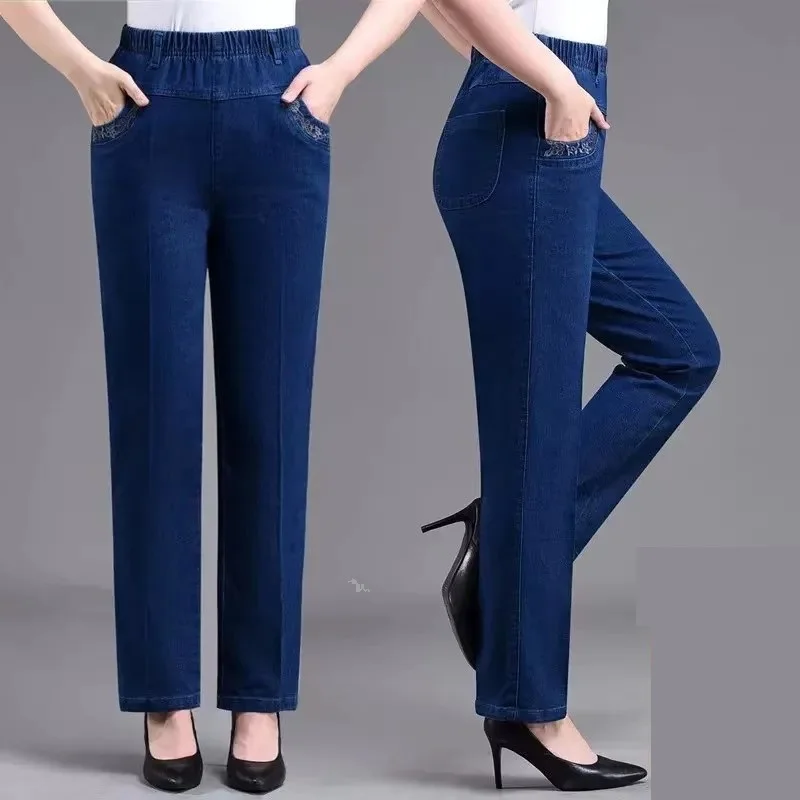 Middle aged elderly Women's Jeans Embroidered Pockets Elastic waist Mom Pants Casual Denim Straight leg Trousers 2025 New Spring thumbnail 4