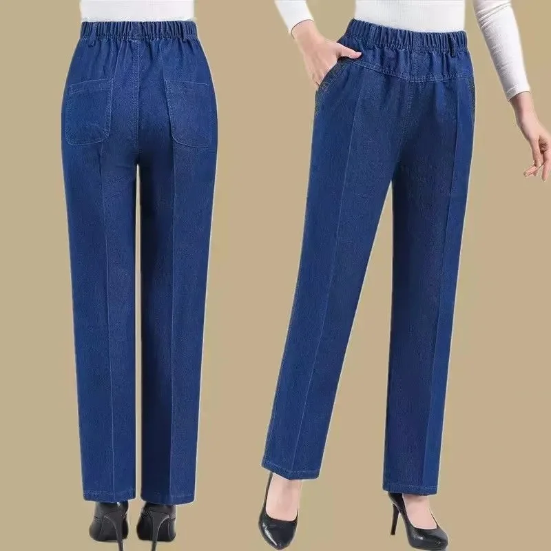 Middle aged elderly Women's Jeans Embroidered Pockets Elastic waist Mom Pants Casual Denim Straight leg Trousers 2025 New Spring thumbnail 3