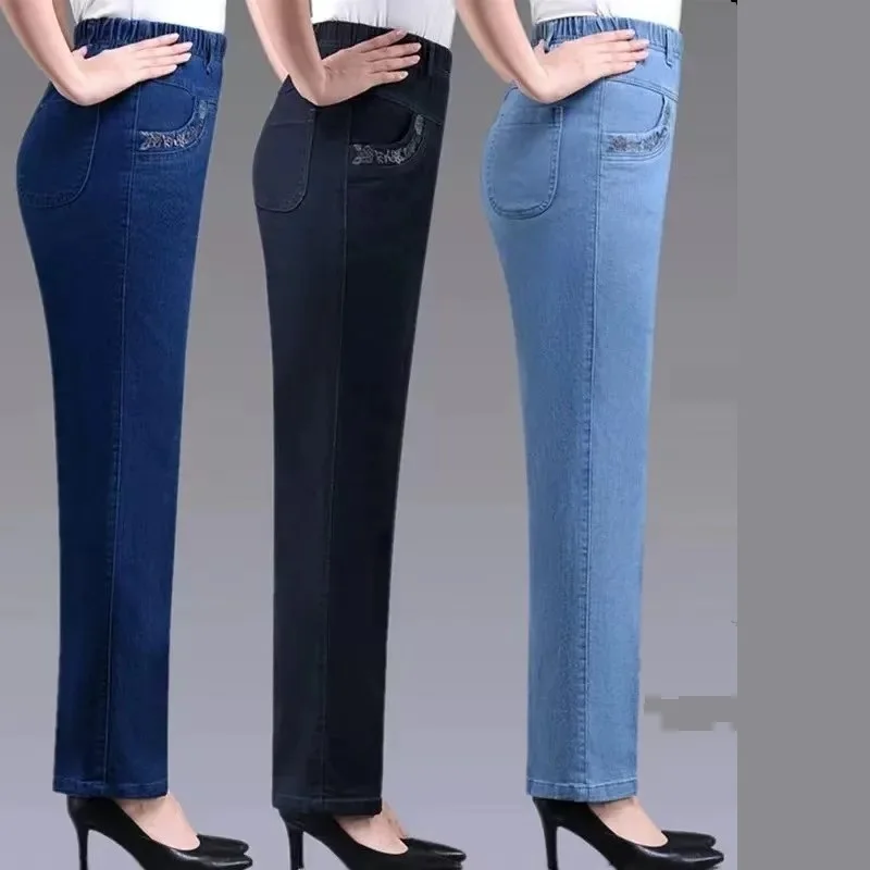 Middle aged elderly Women's Jeans Embroidered Pockets Elastic waist Mom Pants Casual Denim Straight leg Trousers 2025 New Spring thumbnail 5