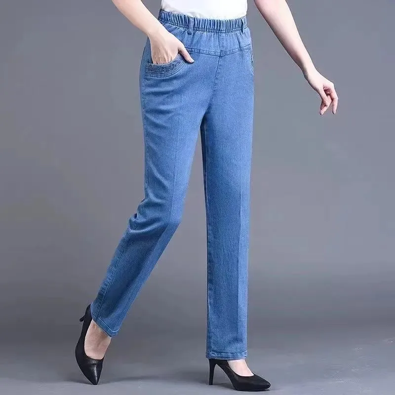 Middle aged elderly Women's Jeans Embroidered Pockets Elastic waist Mom Pants Casual Denim Straight leg Trousers 2025 New Spring thumbnail 6