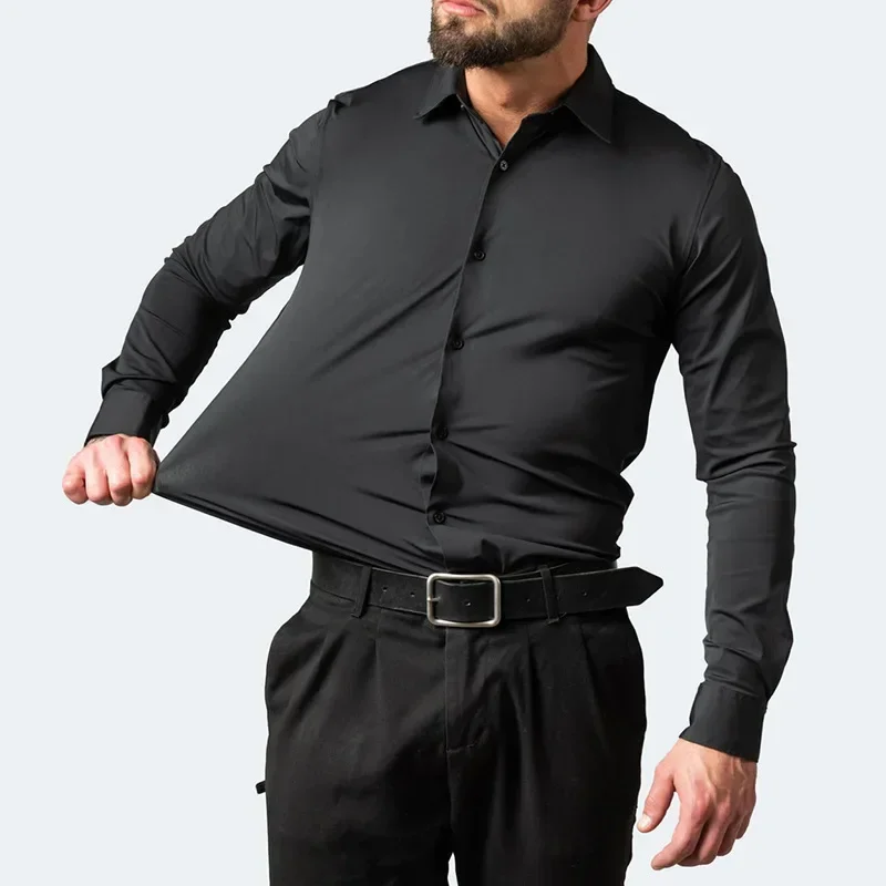 Men's long sleeved shirt, elastic, non ironing, wrinkle resistant, minimalist, business casual, silky, and traceless white shirt thumbnail 3
