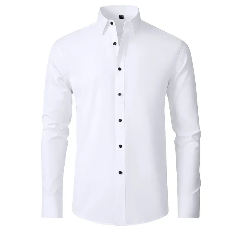 Men's long sleeved shirt, elastic, non ironing, wrinkle resistant, minimalist, business casual, silky, and traceless white shirt thumbnail 4