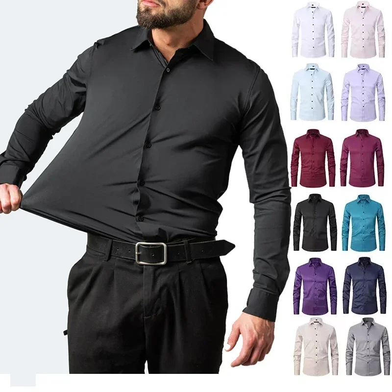 Men's long sleeved shirt, elastic, non ironing, wrinkle resistant, minimalist, business casual, silky, and traceless white shirt thumbnail 5