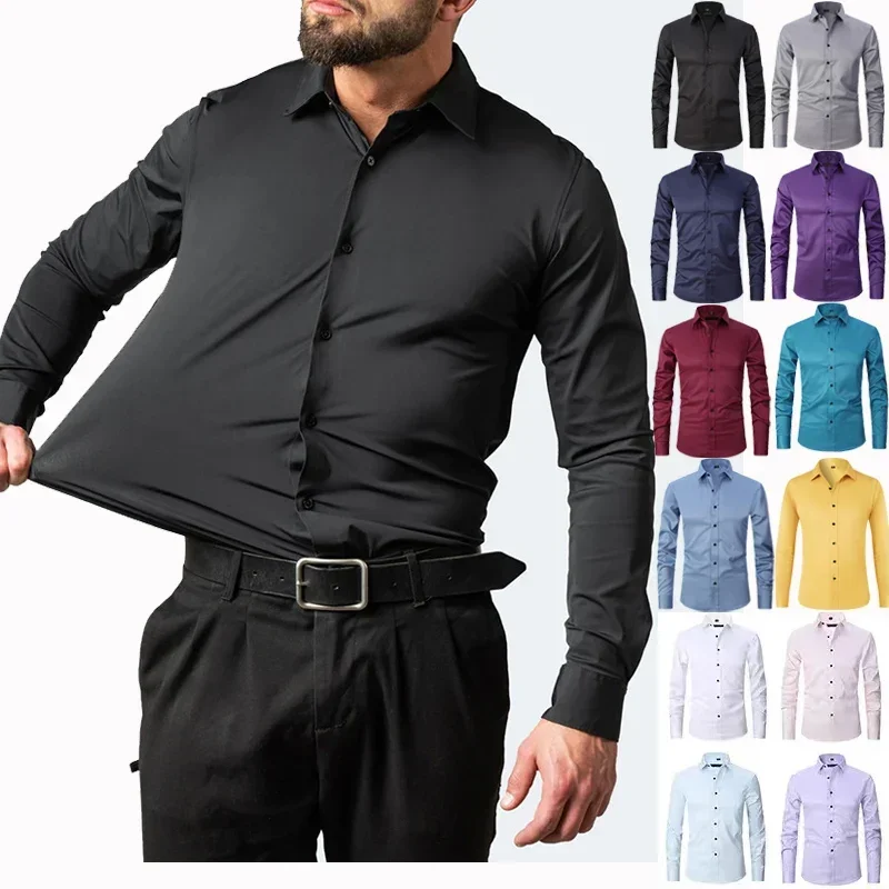 Men's long sleeved shirt, elastic, non ironing, wrinkle resistant, minimalist, business casual, silky, and traceless white shirt thumbnail 2