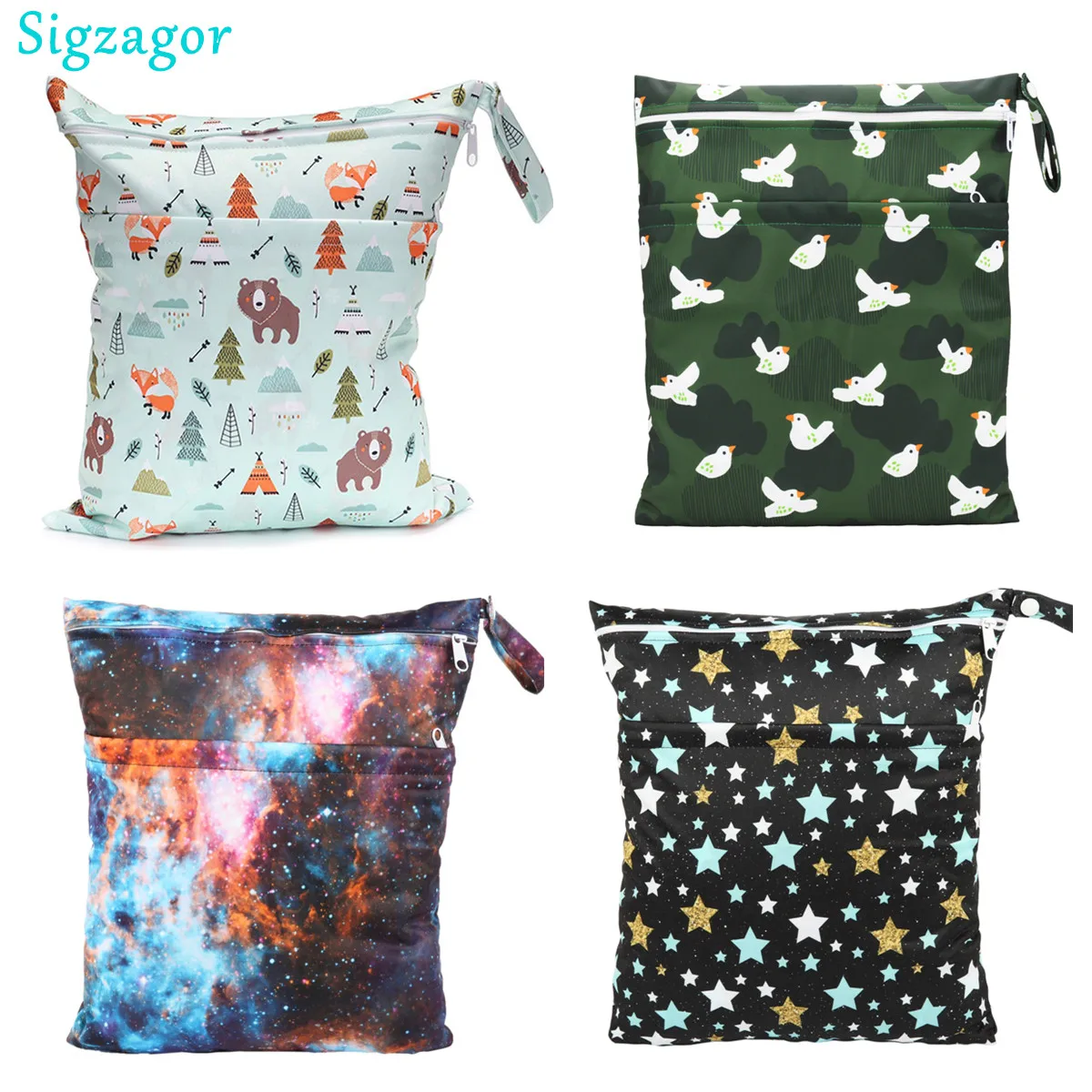 [Sigzagor]Wet Dry Bag With Two Zippered Baby Diaper Bag Nappy Bag Waterproof Reusable Washable