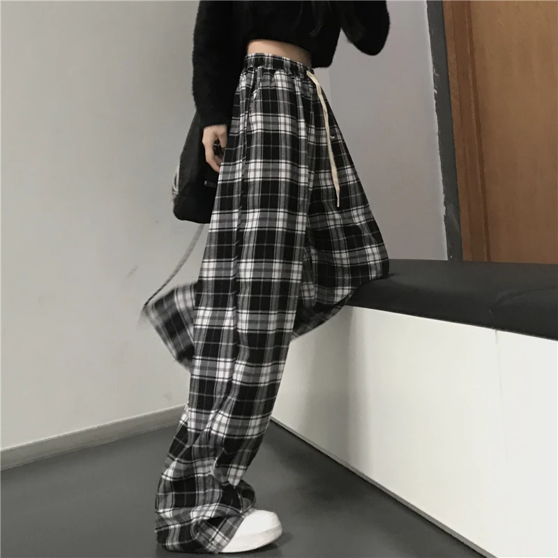 Oversize Women Sweatpants Fashion Black Plaid Casual Pants Baggy Elastic Waist Pockets Student Unisex Hip Hop Loose Trousers thumbnail 2