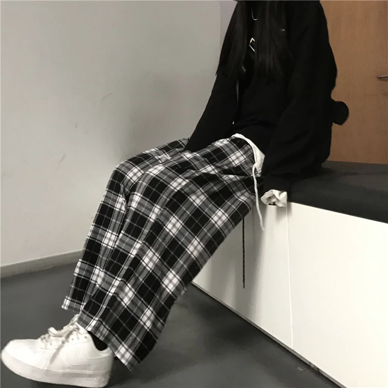 Oversize Women Sweatpants Fashion Black Plaid Casual Pants Baggy Elastic Waist Pockets Student Unisex Hip Hop Loose Trousers thumbnail 5