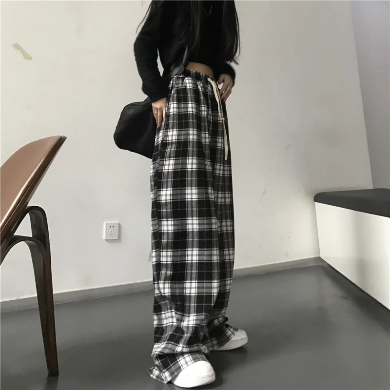 Oversize Women Sweatpants Fashion Black Plaid Casual Pants Baggy Elastic Waist Pockets Student Unisex Hip Hop Loose Trousers thumbnail 6