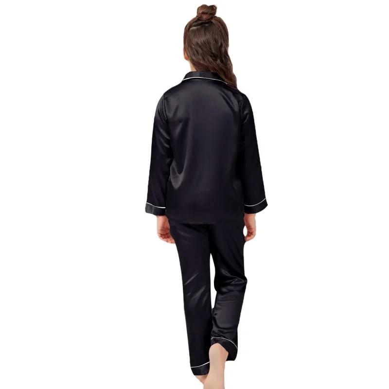 Pajamas Little Kids Boys Girls Satin Silky Black Sleepwear Set Button-Down Clothes Long Sleeve Children Loungewear thumbnail 3