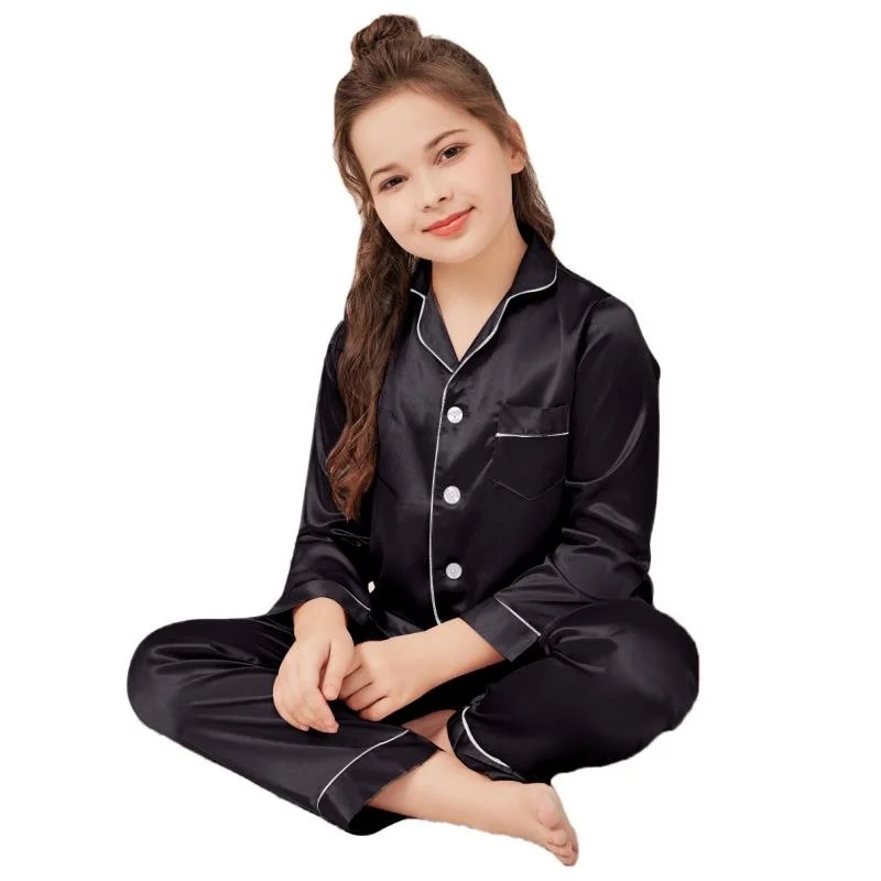 Pajamas Little Kids Boys Girls Satin Silky Black Sleepwear Set Button-Down Clothes Long Sleeve Children Loungewear thumbnail 5