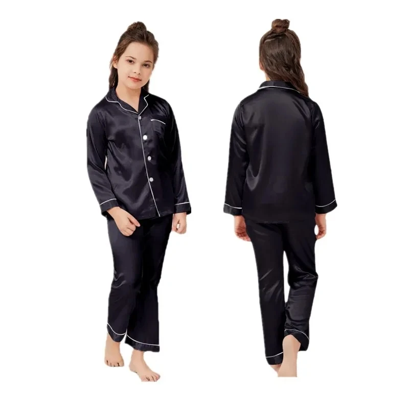 Pajamas Little Kids Boys Girls Satin Silky Black Sleepwear Set Button-Down Clothes Long Sleeve Children Loungewear thumbnail 6