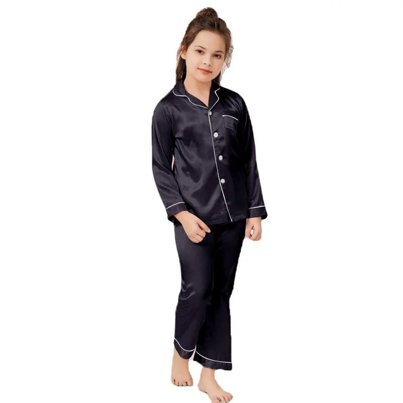 Pajamas Little Kids Boys Girls Satin Silky Black Sleepwear Set Button-Down Clothes Long Sleeve Children Loungewear thumbnail 4