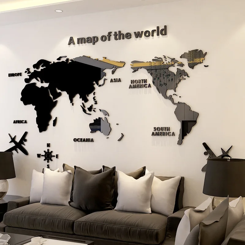 Nordic Style 3D World Map Wall Sticker Acrylic Solid Color Bedroom Wall With Living Room Classroom Stickers Office Decoration thumbnail 2