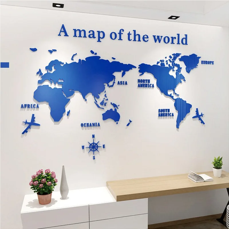 Nordic Style 3D World Map Wall Sticker Acrylic Solid Color Bedroom Wall With Living Room Classroom Stickers Office Decoration thumbnail 4