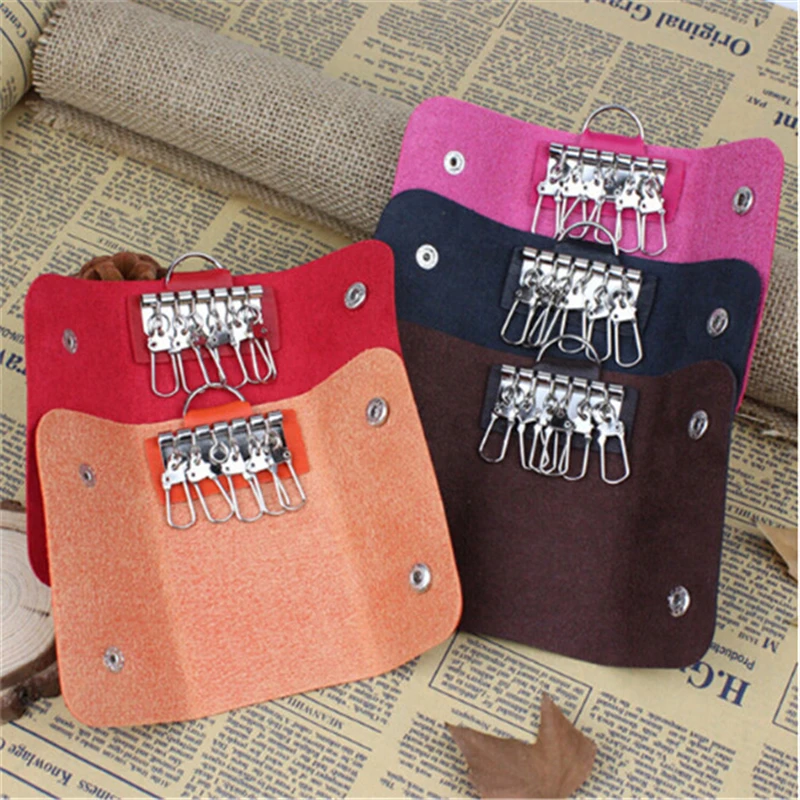 Portable Leather Housekeeper Holders Car Keychain Key Holder Bag Case Unisex Wallet Cover Simple Solid Color Storage Bag thumbnail 6