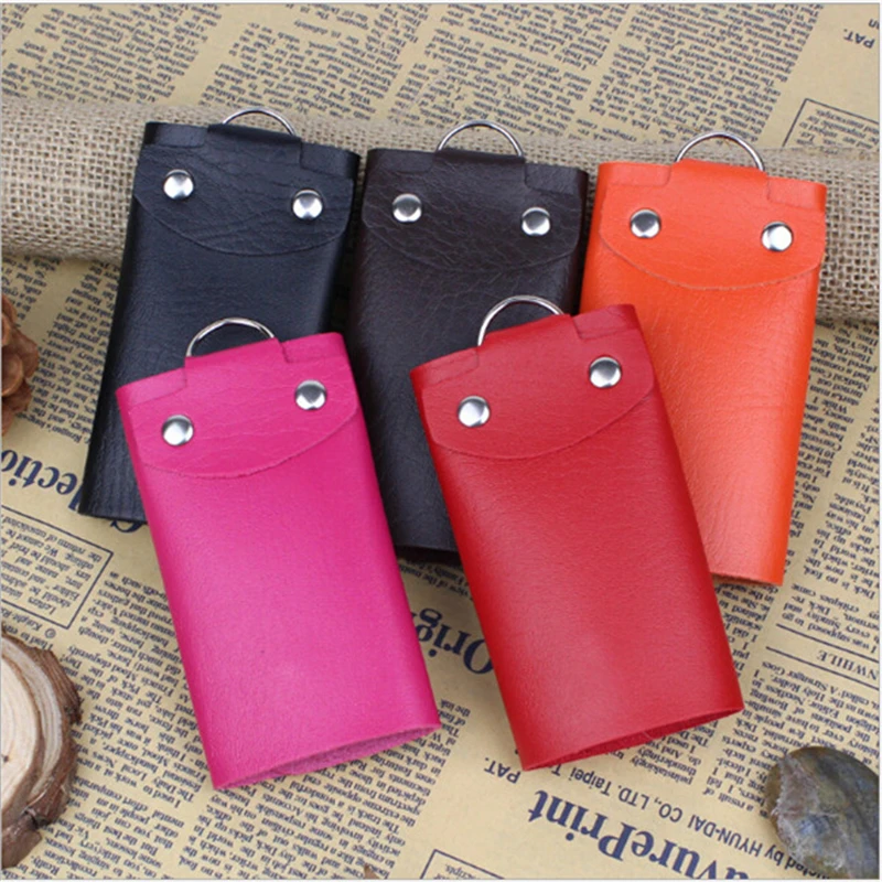 Portable Leather Housekeeper Holders Car Keychain Key Holder Bag Case Unisex Wallet Cover Simple Solid Color Storage Bag thumbnail 3
