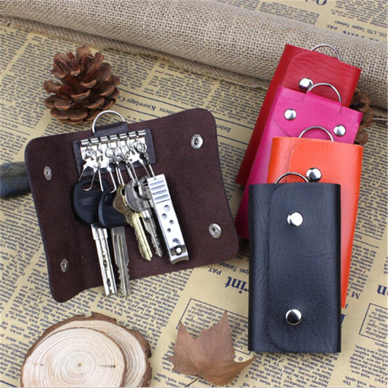 Portable Leather Housekeeper Holders Car Keychain Key Holder Bag Case Unisex Wallet Cover Simple Solid Color Storage Bag thumbnail 2
