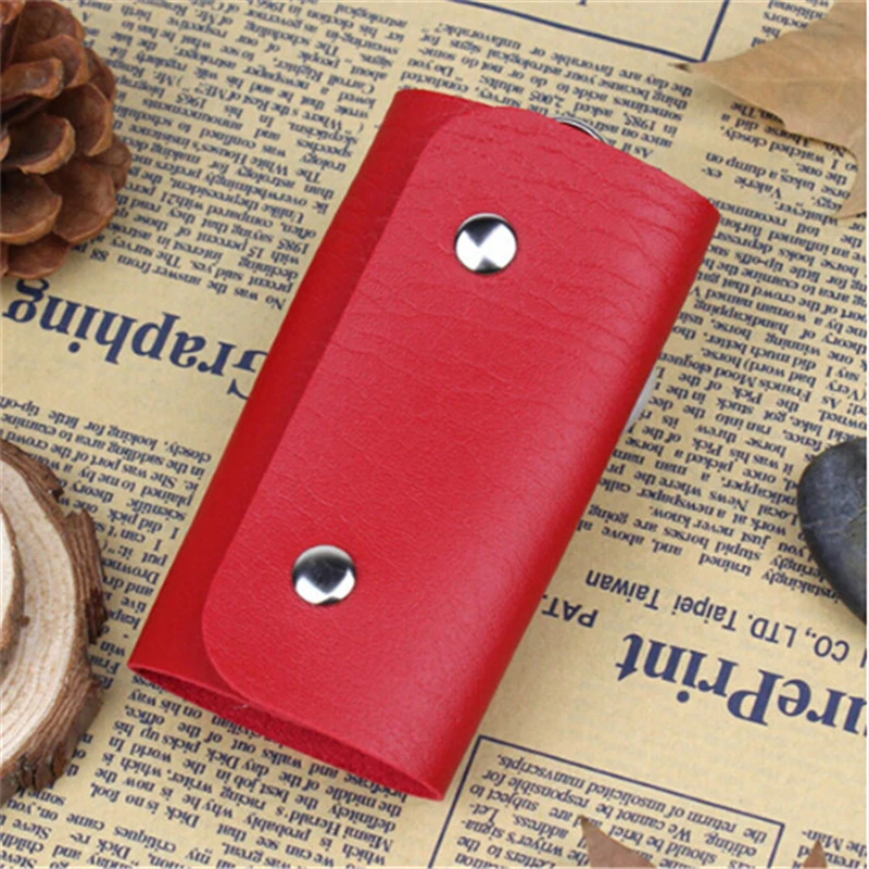 Portable Leather Housekeeper Holders Car Keychain Key Holder Bag Case Unisex Wallet Cover Simple Solid Color Storage Bag thumbnail 5