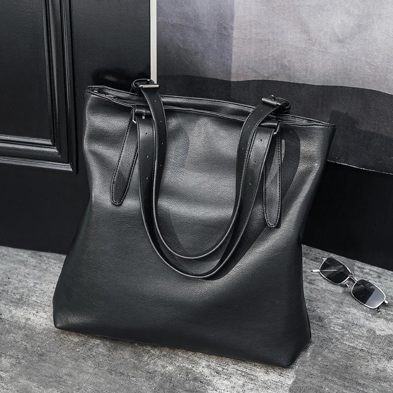 Soft Leather Tote Bag for Men Japanese Korea Style Business Casual Street Handbag Male Large Capacity Zipper Laptop Underam Bags thumbnail 5