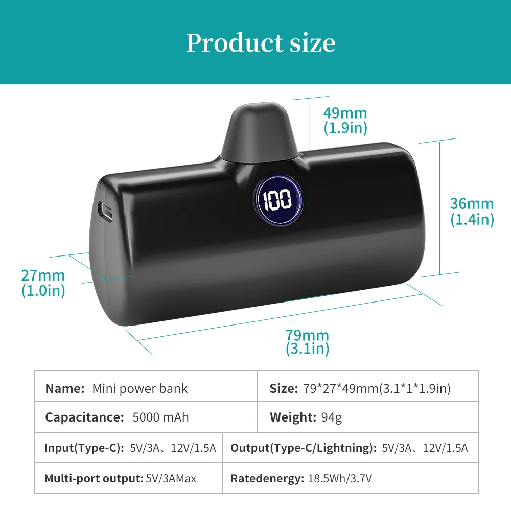 Mini Power Bank 5000mAh Poratable Fast Charge Wireless Type-C/Lightning Plug External Battery Powerbank thumbnail 6