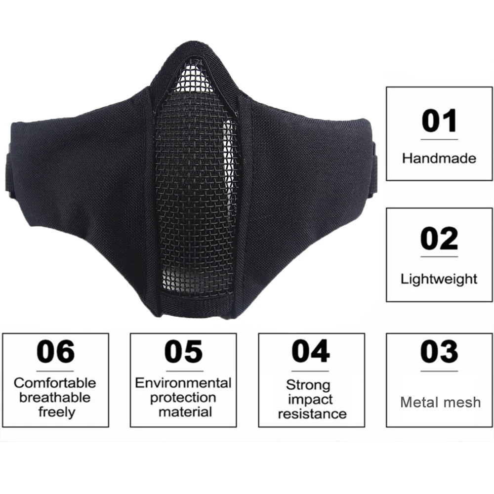 Tactical Half Face Airsoft Mask Foldable Metal Mesh Double Ribbon Adjustable CS Wargame Hunting Paintball Protective Masks thumbnail 2
