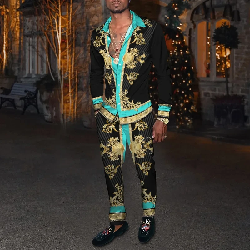 Men's Shirt Suits 3D Print Retro Harajuku Fashion Men Casuan Breathable Men's Lapel Long Sleeve Shirt Long Pants Two Piece Set thumbnail 2
