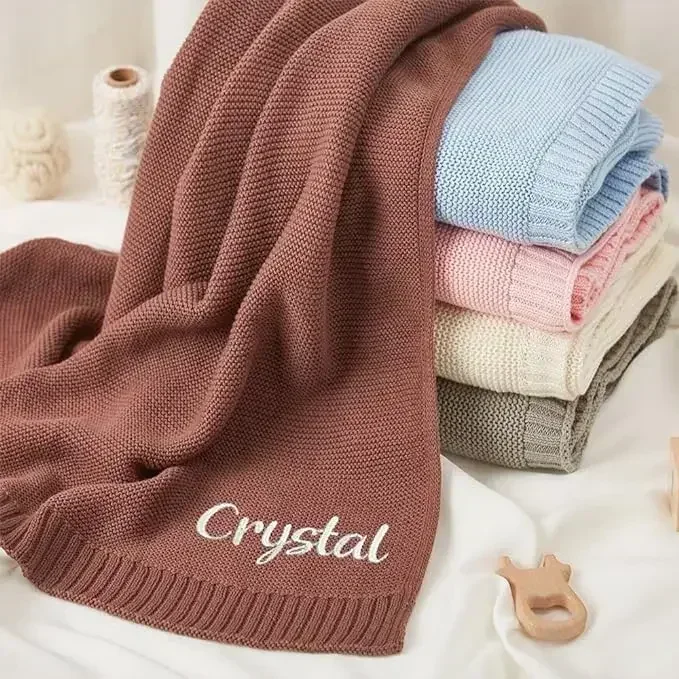 Personalized Name Baby Knitted Blanket Cotton 100x80cm Skin-friendly Warm Newborn Wraps Custom Baby Blanket for Winter thumbnail 4