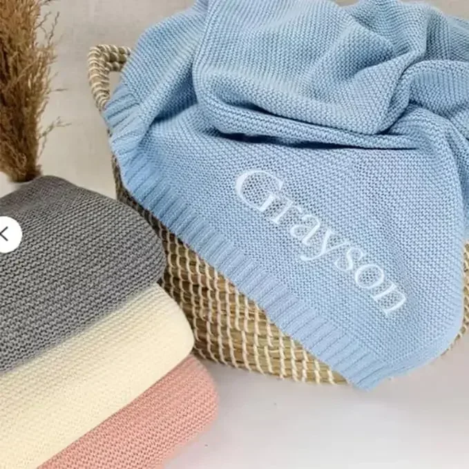 Personalized Name Baby Knitted Blanket Cotton 100x80cm Skin-friendly Warm Newborn Wraps Custom Baby Blanket for Winter thumbnail 3