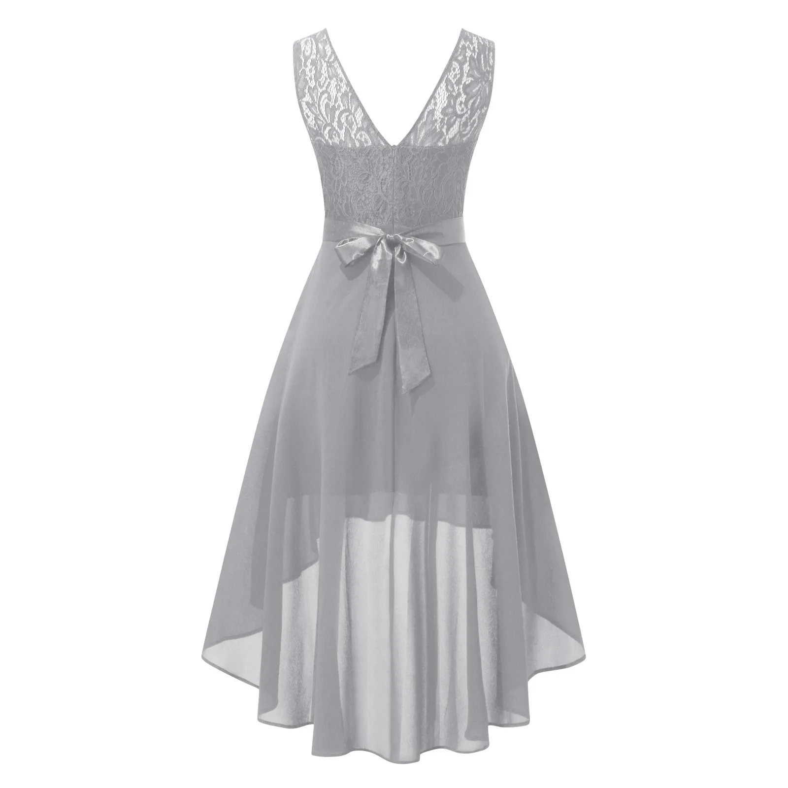 Female Dress Lace Dress Bow Belt Irregular Length  Wedding Guest Sleeveless Bridesmaid Cocktail Party Womens Dresses thumbnail 4