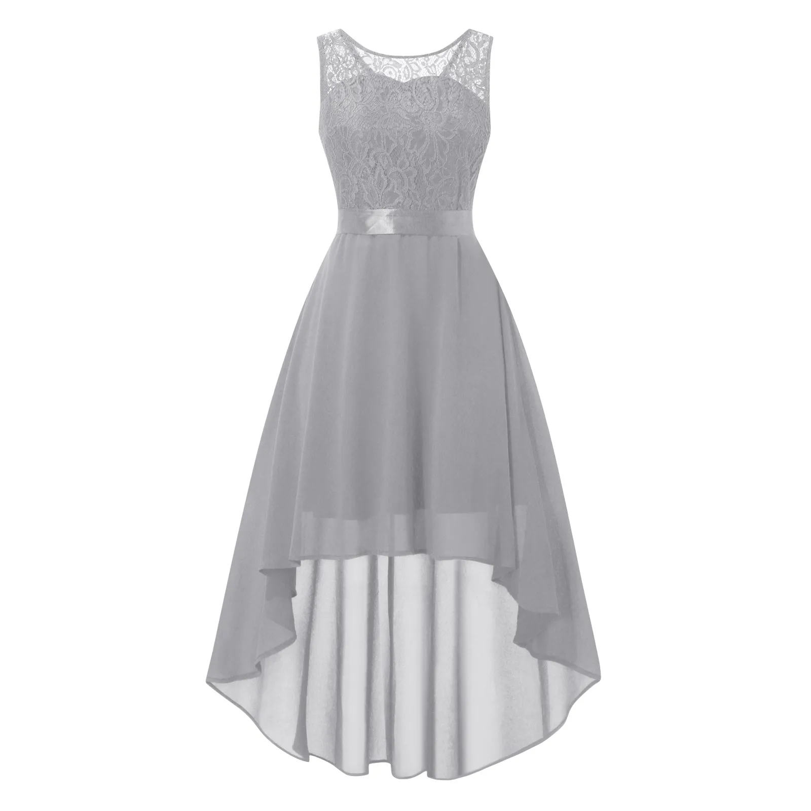 Female Dress Lace Dress Bow Belt Irregular Length  Wedding Guest Sleeveless Bridesmaid Cocktail Party Womens Dresses thumbnail 6