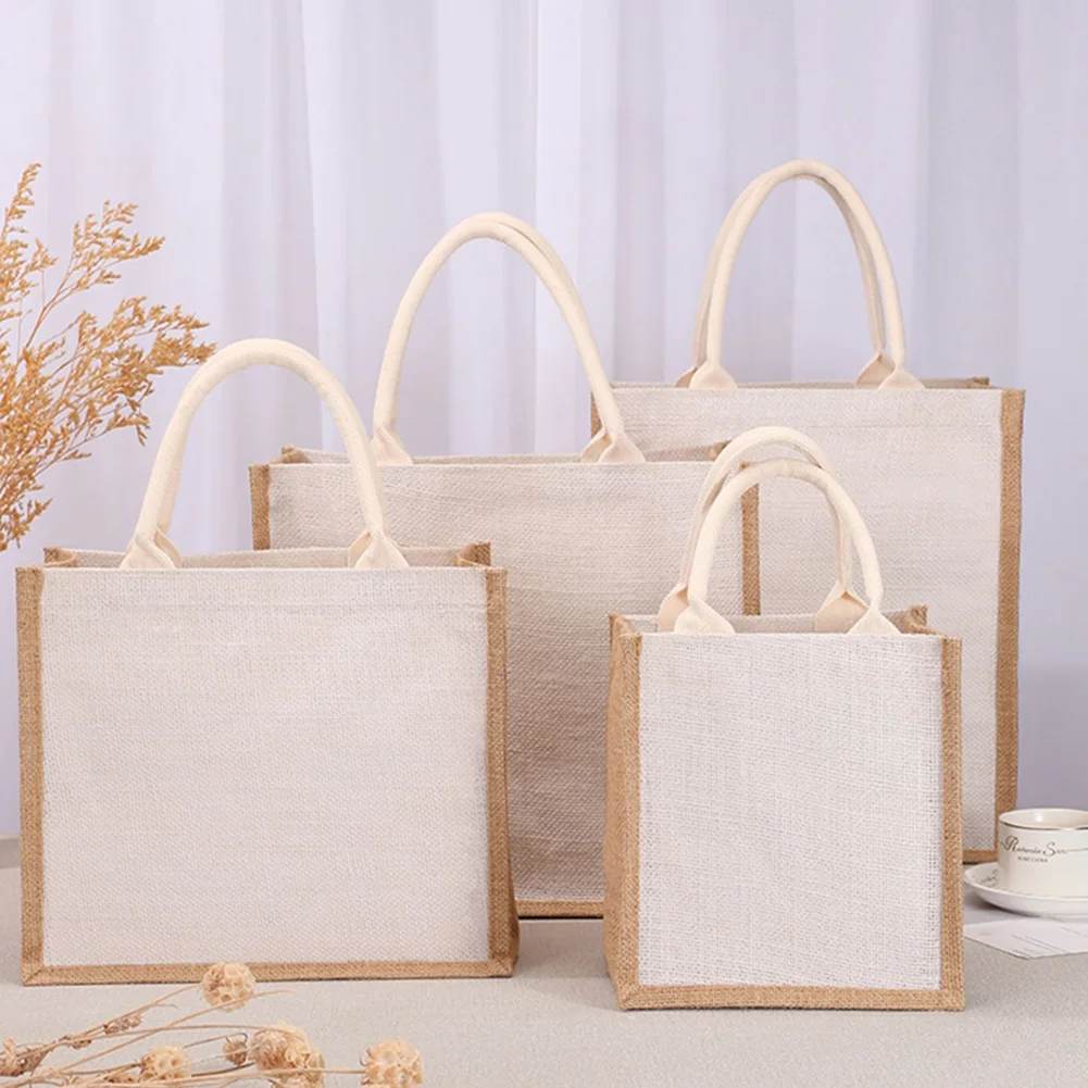 Burlap Jute Tote Shopping Bag Vintage Reusable Grocery Wedding Birthday Gift Bag Handmade Linen Bags Portable Ladies Handbags thumbnail 3