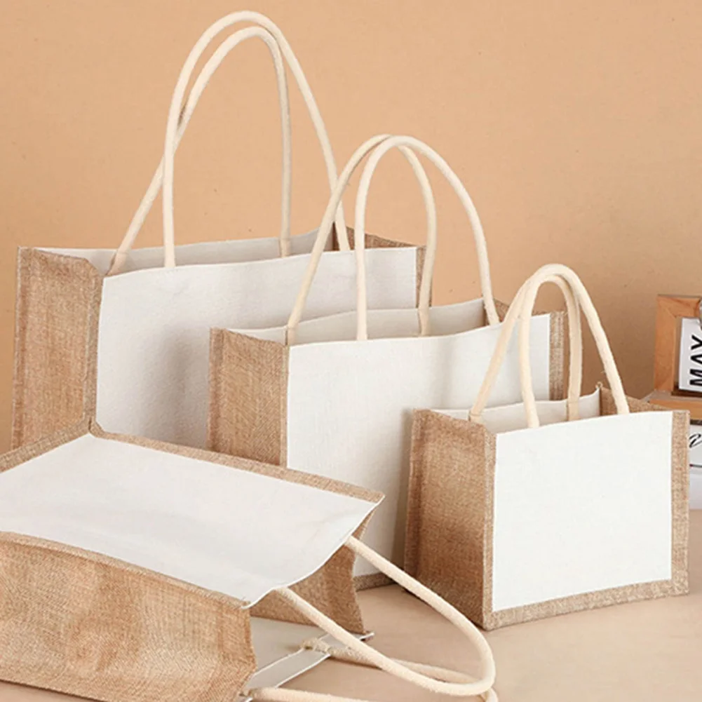 Burlap Jute Tote Shopping Bag Vintage Reusable Grocery Wedding Birthday Gift Bag Handmade Linen Bags Portable Ladies Handbags thumbnail 2