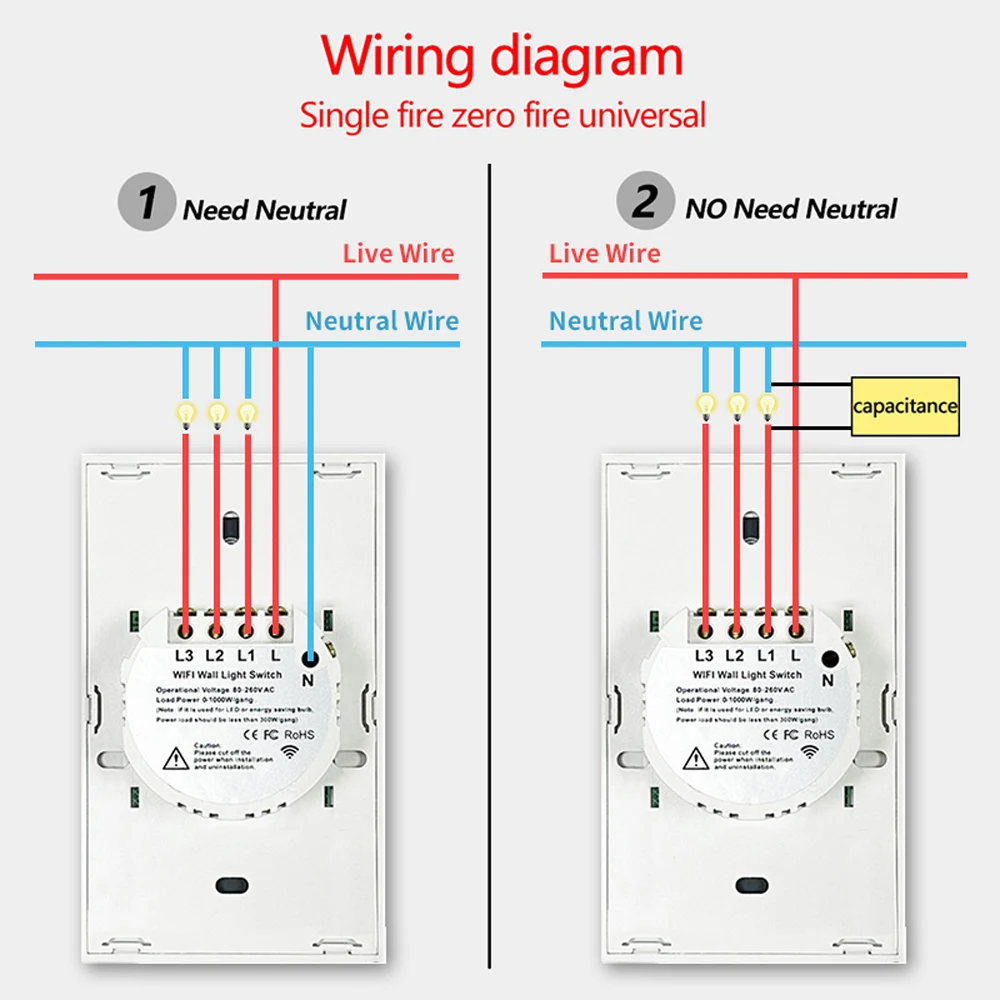 Tuya Smart Switches US RF433 1/2/3 Gang No Neutral Wire Touch Sensor LED Light WiFi Wall Switches Smart Home Alexa Google Home thumbnail 6